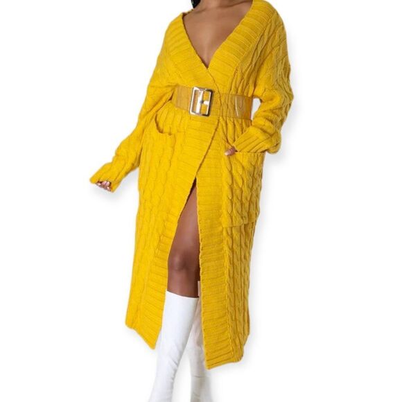 Long Sleeve Front Pockets Yellow Long Knit  Cardigan Sweater Jacket NEW - Picture 1 of 4
